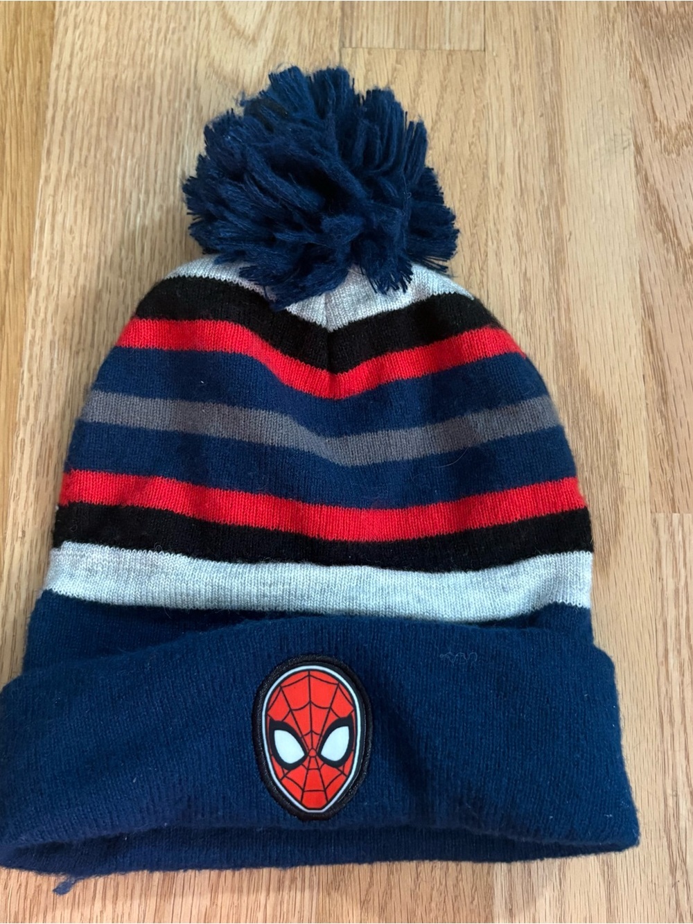 Spiderman Kids Pom Beanie Hat in Navy, Red & Gray Knit Blue
